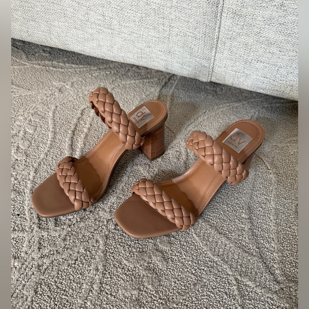 Dolce Vita Braided Tan Croc Print Strappy Block Heels - Picture 4 of 8